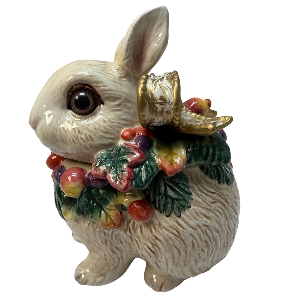 Fitz and Floyd Handcrafted Ceramic Bunny Rabbit Trinket Box Holiday Wreath Bow